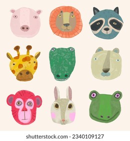 Animal face set. watercolor vector illustration. chidren art.