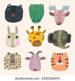 Animal face set. watercolor vector illustration. chidren art.