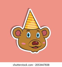 Animal Face Sticker With Bear Wearing Party Hat. Character Design. Vector and Illustration