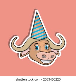 Animal Face Sticker With Buffalo Wearing Party Hat. Character Design. Vector and Illustration