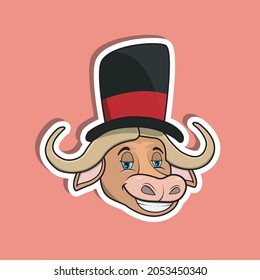 Animal Face Sticker With Buffalo Wearing Circus Hat. Character Design. Vector and Illustration