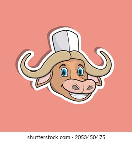 Animal Face Sticker With Buffalo Wearing Chef Hat. Character Design. Vector and Illustration