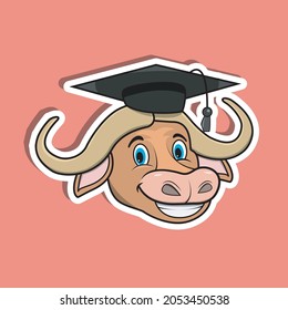 Animal Face Sticker With Buffalo Wearing Graduate Hat. Character Design. Vector and Illustration