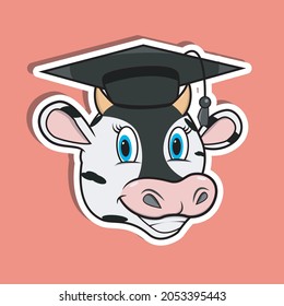 Animal Face Sticker With Cow Wearing Graduate Hat. Character Design. Vector and Illustration