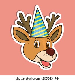 Animal Face Sticker With Deer Wearing Party Hat. Character Design. Vector and Illustration