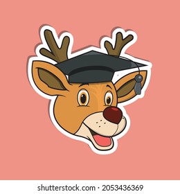 Animal Face Sticker With Deer Wearing Graduate Hat. Character Design. Vector and Illustration