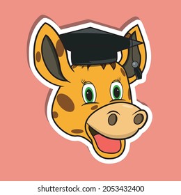 Animal Face Sticker With Giraffe Wearing Graduate Hat. Character Design. Vector and Illustration