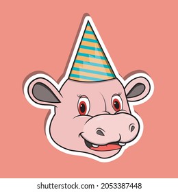 Animal Face Sticker With Hippopotamus Wearing Party Hat. Character Design. Vector and Illustration