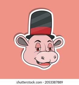Animal Face Sticker With Hippopotamus Wearing Circus Hat. Character Design. Vector and Illustration