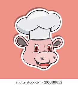 Animal Face Sticker With Hippopotamus Wearing Chef Hat. Character Design. Vector and Illustration