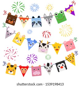 Animal face vector cartoon animalistic decor of kids happy birthday holiday backdrop baby decoration design of funny bear cat dog rabbit head illustration background.