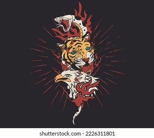 Diseño de camisetas portadoras de cara animal. Águila, cara de tigre y arte vintage de serpiente.