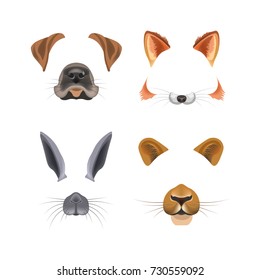 Animal face video chat or selfie photo filter template vector isolated icons