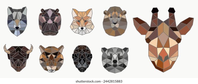 Animal faces. Animals are drawn with a polygon. Faces of animals in colored tones. EPS 10.