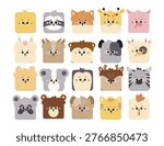 Animal faces arranged in a grid as rounded square avatars with soft shapes and clean lines. Symbol of diversity, character, and identity for kids content and branding. Cartoon vector illustration.