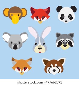 Animal faces cartoon design collection in modern flat style. Animal character design. 