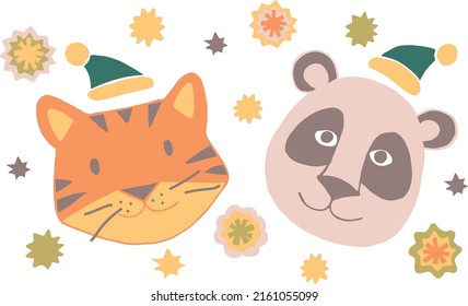 Сute animal faces in cartoon style. Hand drawn vector illustration with tiger and panda heads.