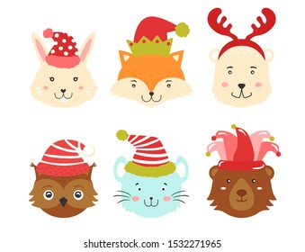 Animal faces with Christmas funny hats on the head. Cute Christmas animals for greeting cards, posters, invitations.
