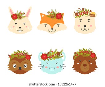 Animal faces with Christmas wreaths on the head. Cute Christmas animals for greeting cards, posters, invitations.