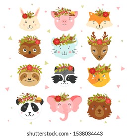 Animal faces with Christmas wreaths on the head. Cute Christmas animals for greeting cards, posters, invitations.
