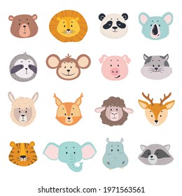 Animal faces. Cute doodle head of bear, lion and panda, monkey and pig, tiger. Elephant, cat and deer, behemoth vector cartoon characters. Safari and wild forest adorable cartoon animals