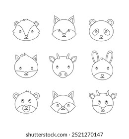 Animal faces doodle line symbol sign icon collection. outline style. isolated illustration