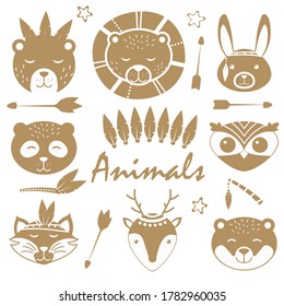 Animal faces. Hand drawn characters. Hare, lion, tiger, panda, owl, bear, raccoon, deer. Different animal characters