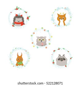 Animal faces - hedgehog with Christmas decorations, fox with stars, owl with hard candy, squirrel with a bunch of fir branches, raccoon with horns, set of pictures in frames. Vector illustration.