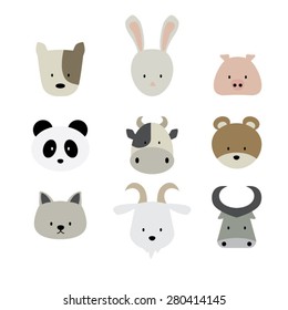 Animal faces Icon set in flat style
