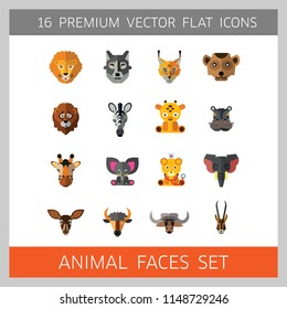 Animal Faces Icon Set. Lion Zebra Hippo Giraffe Wolf Elephant Antelope  Meerkat Doe Ox Red Lynx Bull Head Snout Muzzle Face