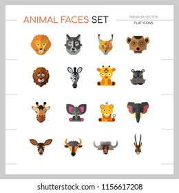Animal Faces Icon Set. Lion Zebra Hippo Giraffe Wolf Elephant Antelope  Meerkat Doe Ox Red Lynx Bull Head Snout Muzzle Face