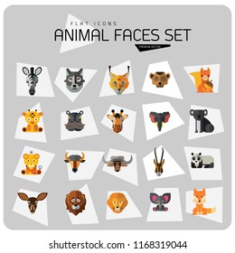 Animal Faces Icon Set. Lion Zebra Hippo Giraffe Wolf Elephant Antelope  Meerkat Doe Ox Red Lynx Bull Head Snout Muzzle Face