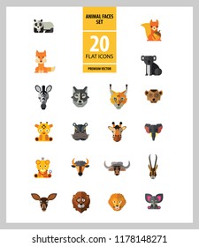 Animal Faces Icon Set. Lion Zebra Hippo Giraffe Wolf Elephant Antelope  Meerkat Doe Ox Red Lynx Bull Head Snout Muzzle Face
