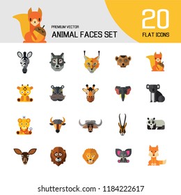 Animal Faces Icon Set. Lion Zebra Hippo Giraffe Wolf Elephant Antelope  Meerkat Doe Ox Red Lynx Bull Head Snout Muzzle Face