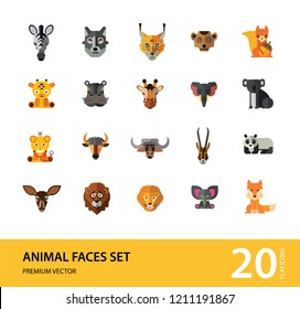 Animal Faces Icon Set. Lion Zebra Hippo Giraffe Wolf Elephant Antelope  Meerkat Doe Ox Red Lynx Bull Head Snout Muzzle Face
