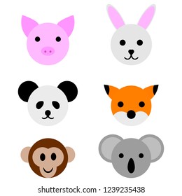 Animal Faces isolated on white background. Pig, Rabbit, Panda, Fox, Monkey, Koala. Vector Illustration for Your Design.