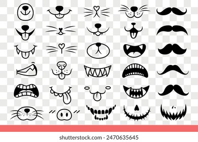 Animal faces with mouths showing different emotions and mustaches of various shapes. Teeth and fangs of angry creatures near smiling faces of pets rejoicing in presence of owner. Hand drawn doodle