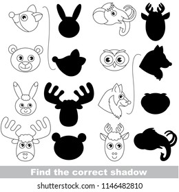 Animal Faces Northern set to find the correct shadow, the matching educational kid game to compare and connect objects and their true shadows, simple gaming level for preschool kids.