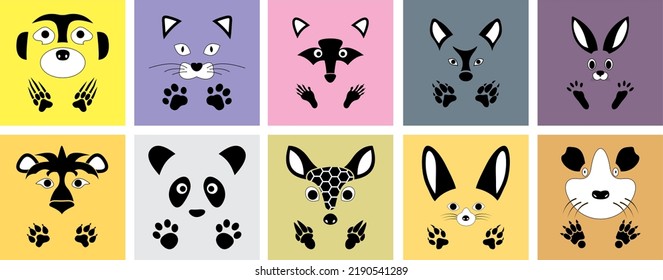 Animal faces on the different backgrounds. Animal face. Animal print. Concept of animals 