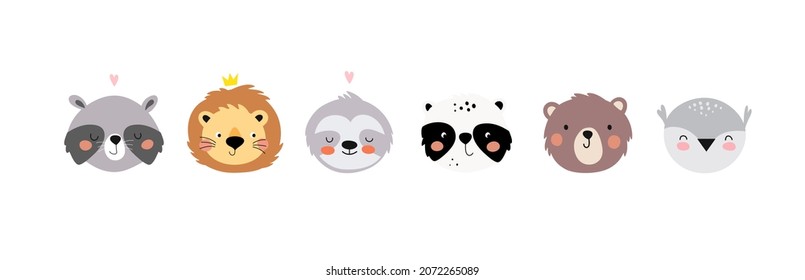 Animal faces. Raccoon, lion, sloth, panda, bear, owl. Wild and cute. Illustration of animals for designing children's clothes, postcards, posters, interior decor, application on fabric and paper