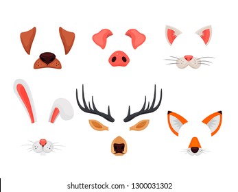 Animal faces set with ears and noses isolated on white background. Video chat effects and selfie filters. Funny masks of dog, pig, cat, rabbit, deer and fox - vector illustration