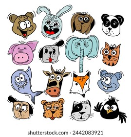 Animal faces set funny. hand drawing. Not AI, Vector illustration