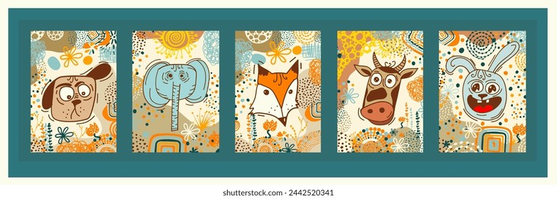 Animal faces set funny. hand drawing. Not AI, Vector illustration