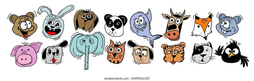 Animal faces set funny. hand drawing. Not AI, Vector illustration