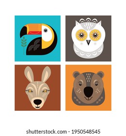  Animal faces. Vector illustrations. Animal portraits. Zoo collection. Owl, toucan, kangaroo and bear