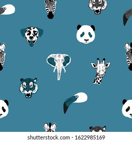 Animal faces. Vector pattern on a blue background.