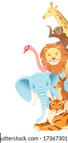 Animal faces vertical web banner on white background. Zoo cartoon characters vector illustration with empty space. Wildlife template design for bookmark. Animals advertising concept for greeting card.