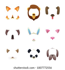 Animal faces for video or photo filters. Animal avatar mask with nose and muzzle, vector illustration