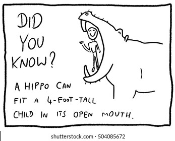 Animal facts about hippo mouth - fun trivia cartoon doodle concept. Newspaper funny comic fact.