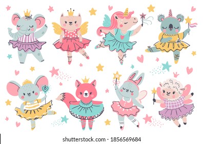 Animal fairy ballerina. Princess unicorn, bunny and koala with ballet tutu, wings and wand. Elephant crown dance. Vector ballerina and ballet adorable koala elephant, sheep in crown illustration